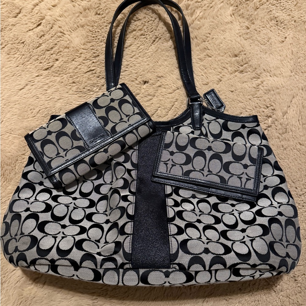 Coach Black and Gray Signature Shoulder Tote with Wallet and checkbook